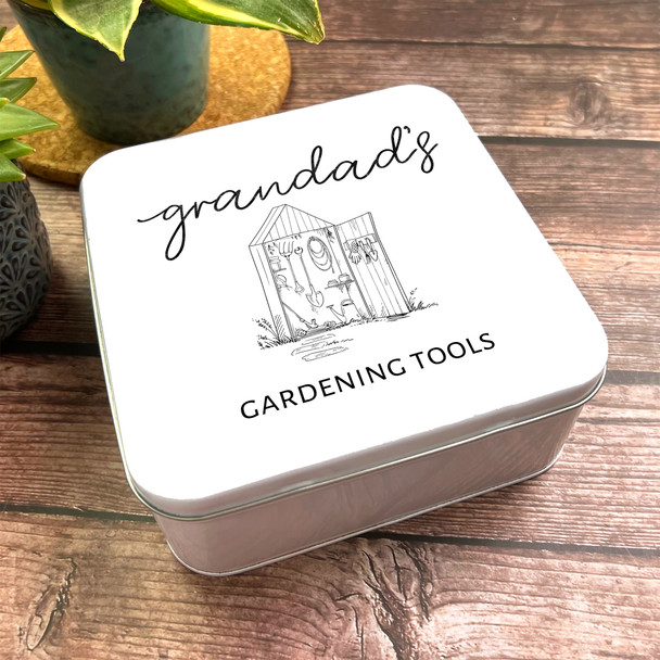 Square Garden Shed Black Line Drawing Personalised Gardening Tools Tin